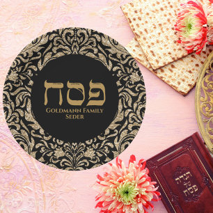 Assiettes En Carton Chic Pâque de Pesach Hébreu Noir et Or