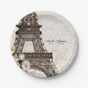 Assiettes En Carton Chic Paris Tour Eiffel & Roses Fête Élégante