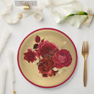 Assiettes En Carton Chic Red Gold Roses Floral
