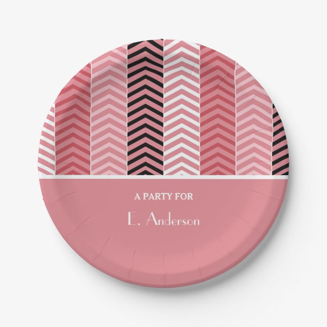 Assiettes En Carton Chic Rose Chevron Grille Avec Nom (Devant)