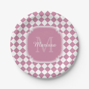Assiettes En Carton Chic rose et blanc coché Nom monogrammé