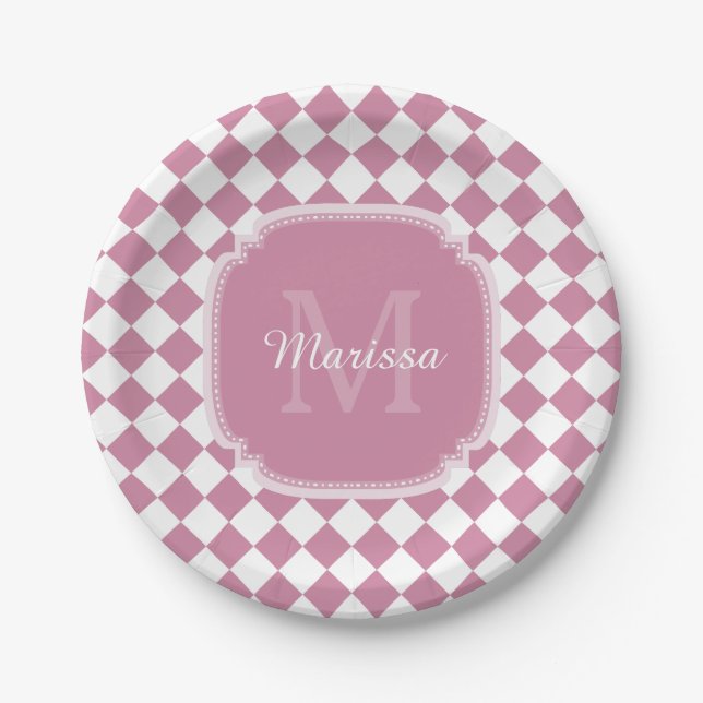 Assiettes En Carton Chic rose et blanc coché Nom monogrammé (Devant)