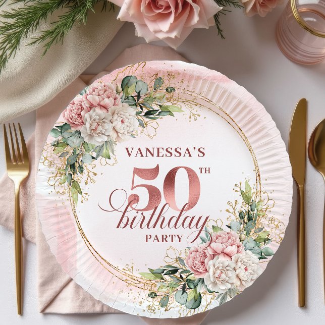 Assiettes En Carton Chic Rose Gold Blush Floral Greenery 50th Birthday (Chic Rose Gold Blush Floral Greenery 50th Birthday Paper Plates

)