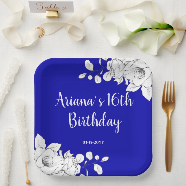Assiettes En Carton Chic Royal Blue Blanc Floral Fête d'anniversaire (Mariage)