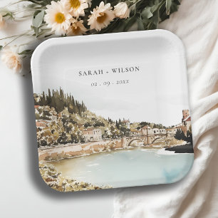 Assiettes En Carton Chic Vérone Adige River Italie Mariage d'aquarelle
