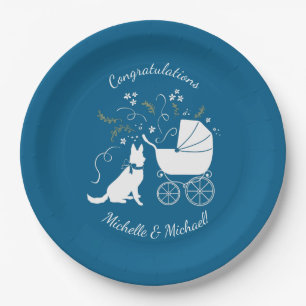 Assiettes En Carton Chien allemand Baby shower bleu garçon