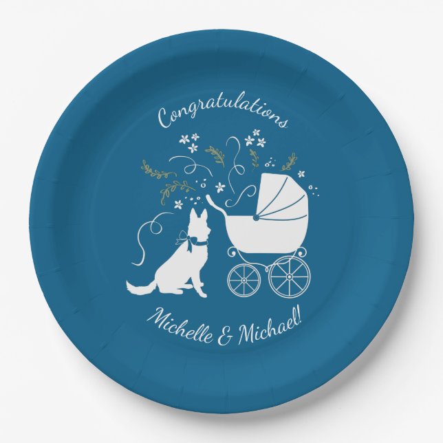 Assiettes En Carton Chien allemand Baby shower bleu garçon (Devant)