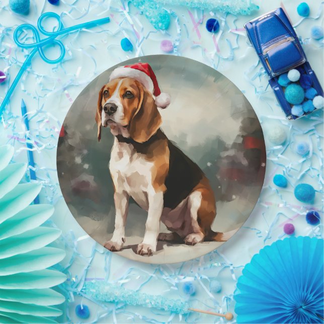 Assiettes En Carton Chien beagle à Noël de neige (Fête)