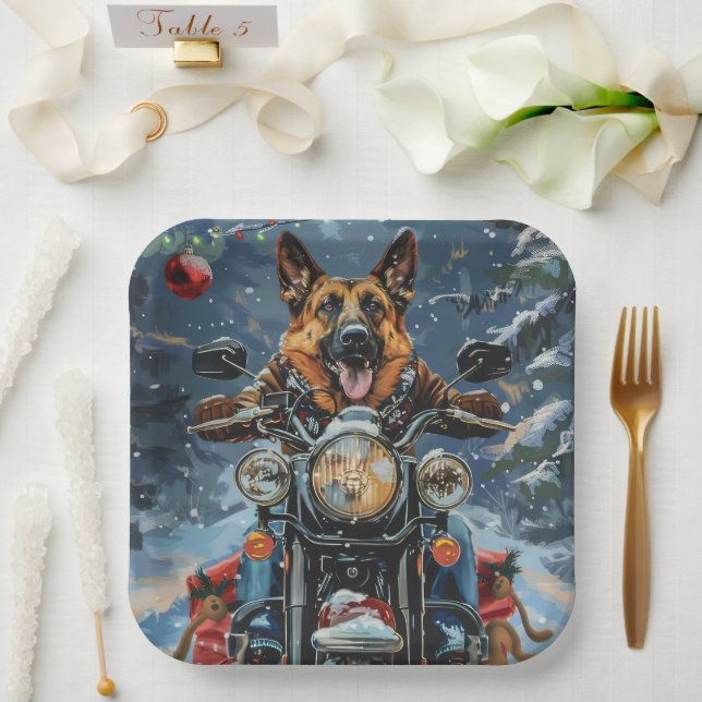 Assiettes En Carton Chien berger allemand équitation moto Noël (Mariage)