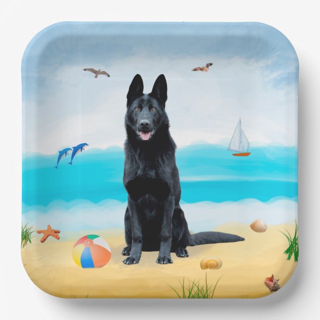 Assiettes En Carton Chien berger allemand noir sur la plage (Recto)