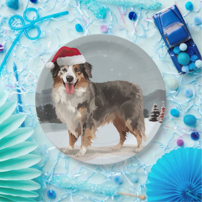 Assiettes En Carton Chien berger australien en Noël de neige (Fête)