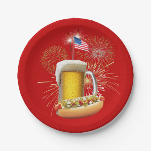 Assiettes En Carton Chien chaud et bière avec feux d'artifice et drape