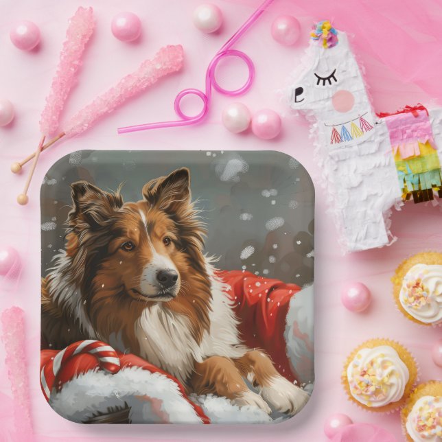 Assiettes En Carton Chien Colley Rough Noël Fêtard (Fête)
