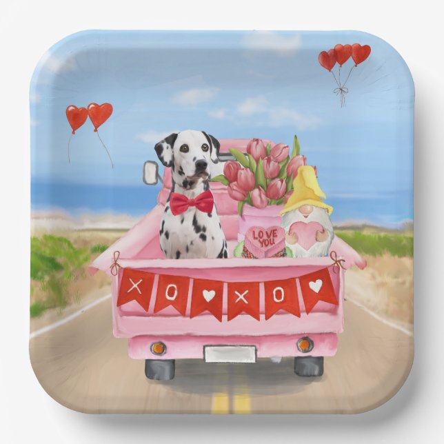 Assiettes En Carton Chien dalmate Saint Valentin Coeurs de Camion (Recto)