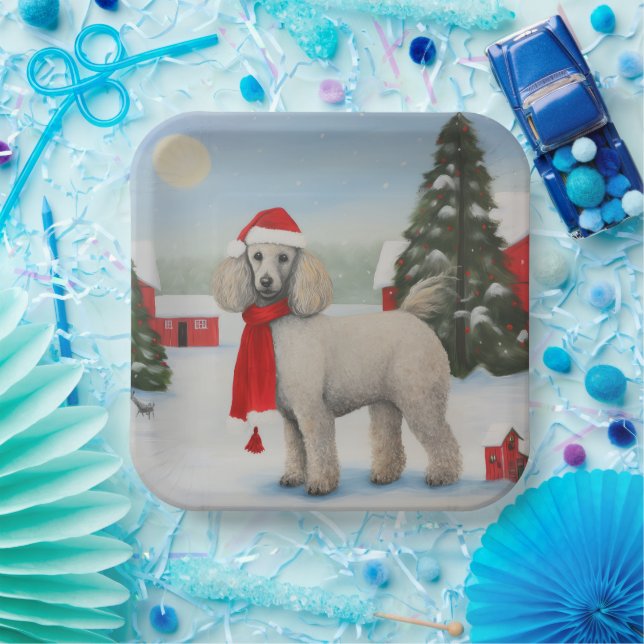 Assiettes En Carton Chien de caniche à Noël de neige (Fête)
