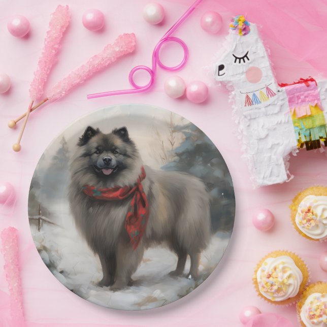 Assiettes En Carton Chien de Keeshond à Noël de neige (Fête)