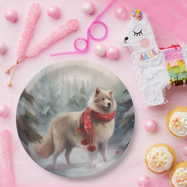 Assiettes En Carton Chien de lappund finlandais à Noël de neige (Fête)