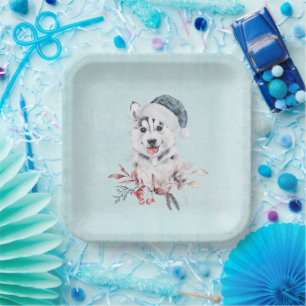 Assiettes En Carton Chien de Noël Husky dans un chapeau de Père Noël