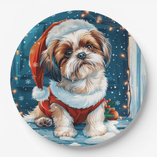 Assiettes En Carton Chien de Noël Shih Tzu Père Noël