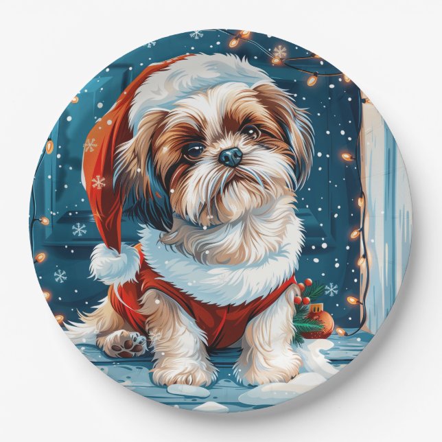 Assiettes En Carton Chien de Noël Shih Tzu Père Noël (Devant)