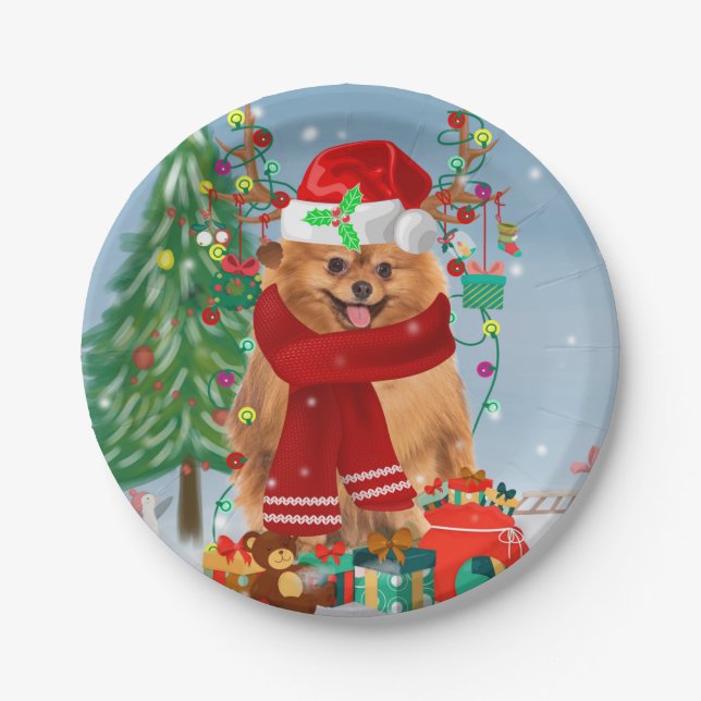 Assiettes En Carton Chien de Poméranie avec cadeaux de Noël (Devant)