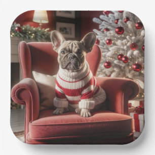Assiettes En Carton Chien de taureau français de Noël sur une chaise r
