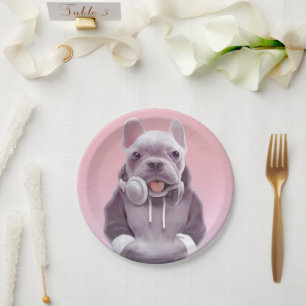 Assiettes En Carton Chien de taureaux français avec casque Illustratio