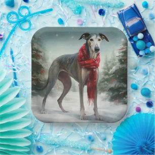 Assiettes En Carton Chien gris à Noël de neige