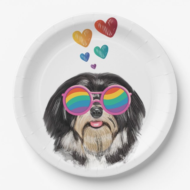 Assiettes En Carton Chien Havanais avec coeurs Saint-Valentin (Devant)