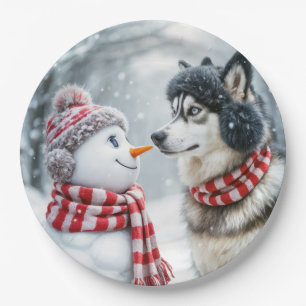 Assiettes En Carton Chien Husky Avec Snowman