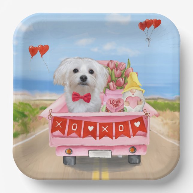 Assiettes En Carton Chien maltais Saint Valentin Camion (Recto)