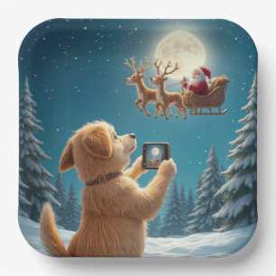 Assiettes En Carton Chien Photographiant Le Père Noël À Sleigh