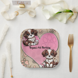 Assiettes En Carton Chien rose rose Brown et coeur fête d'anniversaire