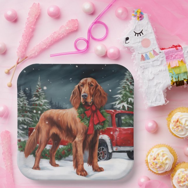 Assiettes En Carton Chien rouge irlandais à la neige Noël (Fête)