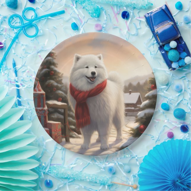 Assiettes En Carton Chien Samoyé à Noël de neige (Fête)