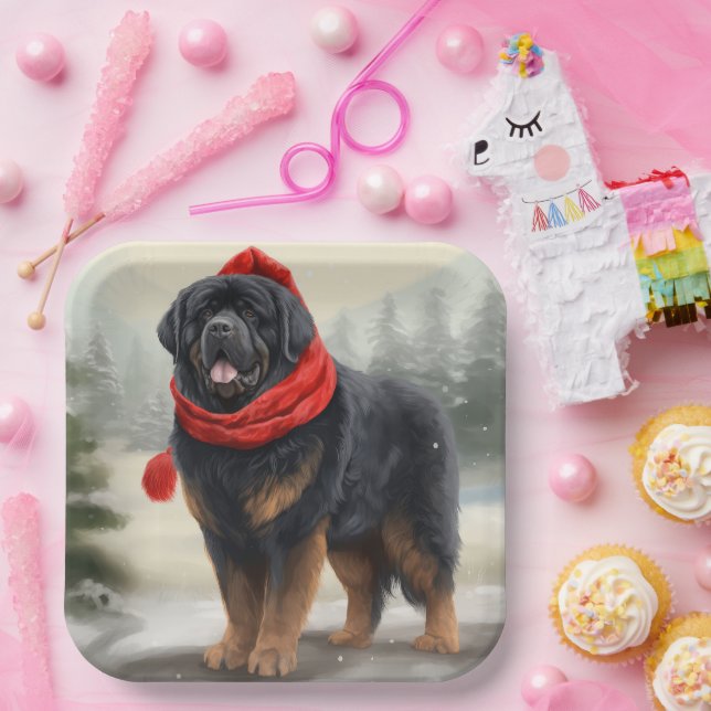 Assiettes En Carton Chien tibétain mastiff à Noël de neige (Fête)