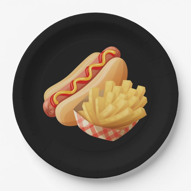 Assiettes En Carton Chiens chauds mignons et frites (Devant)