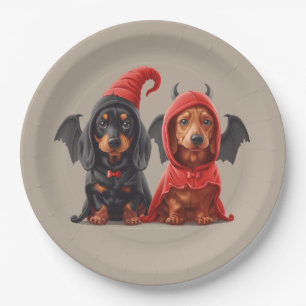 Assiettes En Carton Chiens de Halloween Dachshund Devil Bat