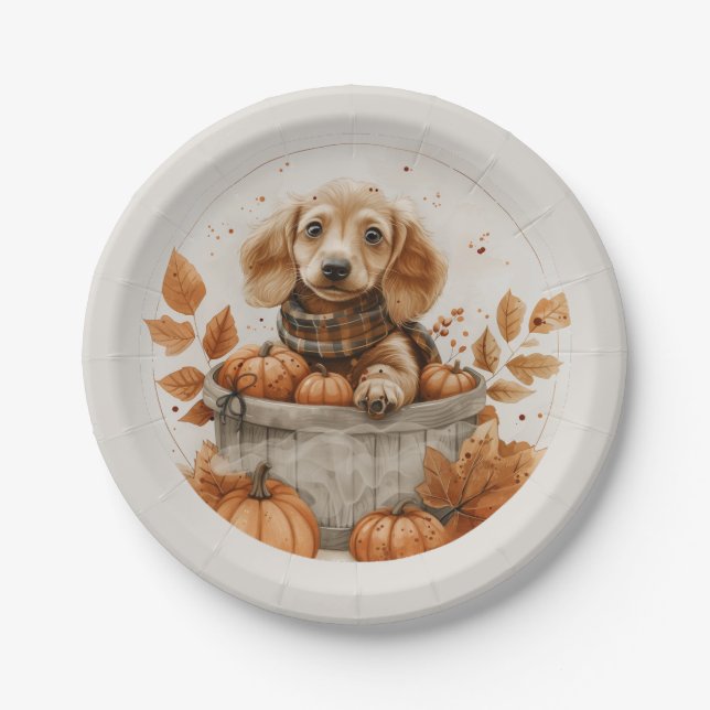 Assiettes En Carton Chiens de l'automne Dachshund Citrouille (Devant)