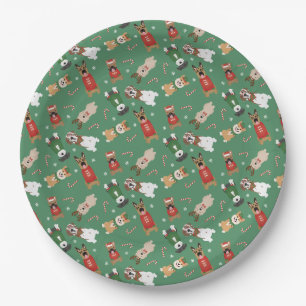 Assiettes En Carton Chiens de Noël Motif Rouge Vert