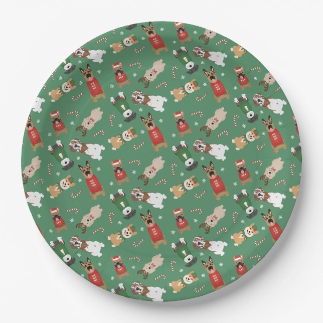 Assiettes En Carton Chiens de Noël Motif Rouge Vert (Devant)