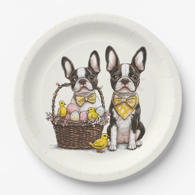 Assiettes En Carton Chiens de Pâques Boston Terrier (Devant)