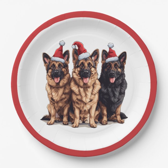 Assiettes En Carton Chiens de Père Noël, berger allemand de Noël (Devant)