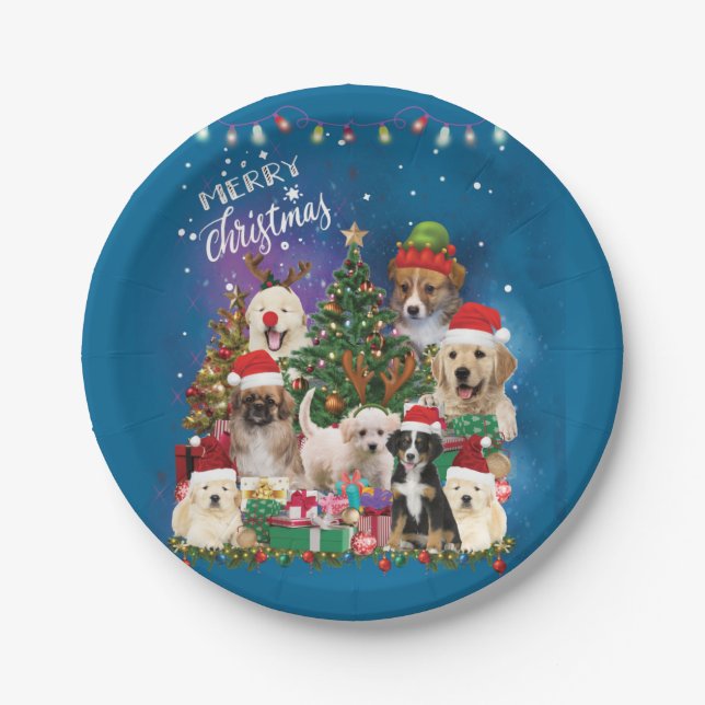 Assiettes En Carton Chiens Joyeux Noël Lumière (Devant)