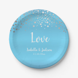 Assiettes En Carton Chiffres en confetti Bleu Bébé et Argent