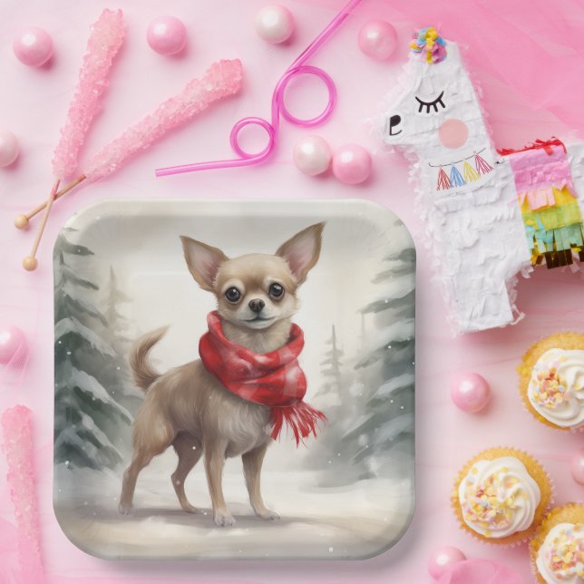 Assiettes En Carton Chihuahua Chien dans Noël de neige (Fête)