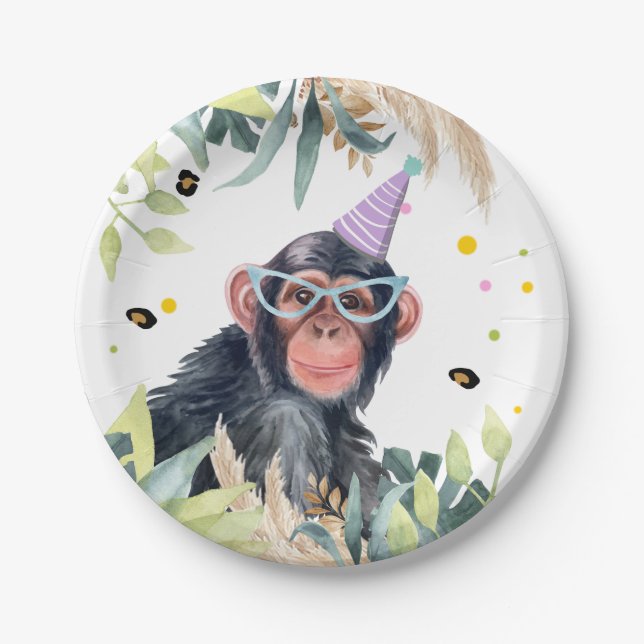 Assiettes En Carton Chimpanzé Singe Fête Animaux Anniversaire Safari (Devant)