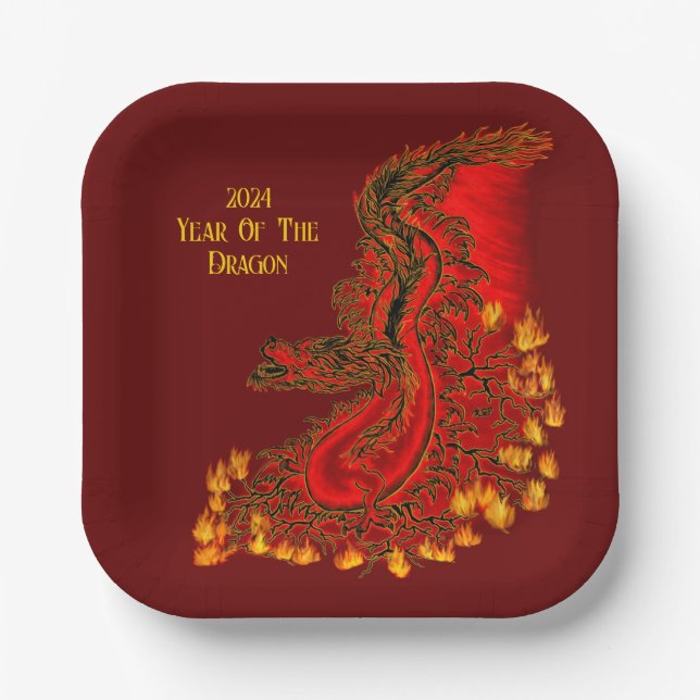 Assiettes En Carton Chine Dragon, 2024 Année Du Dragon (Recto)