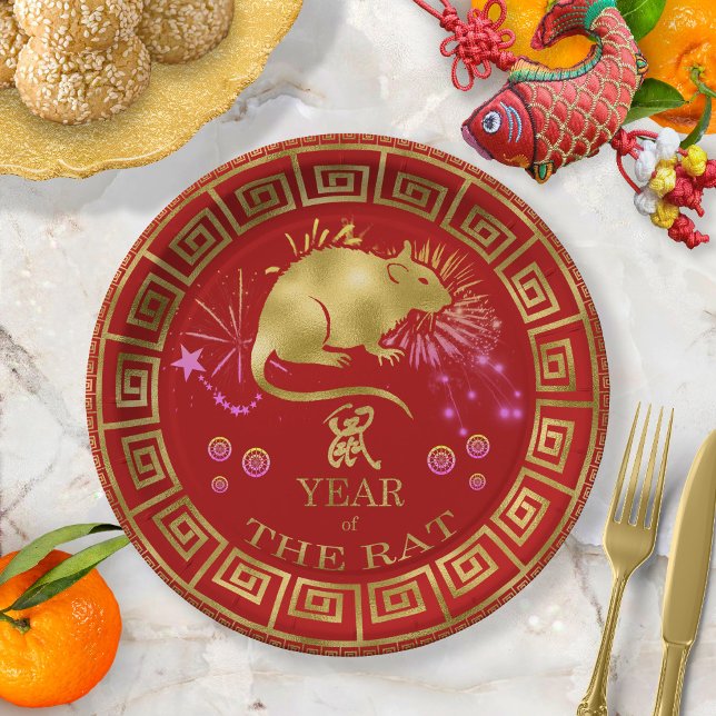 Assiettes En Carton Chinese Zodiac Rat Red/Gold ID542 (Créateur téléchargé)