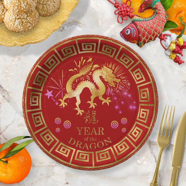 Assiettes En Carton Chinois Zodiac Dragon Rouge/Or ID542 (Créateur téléchargé)